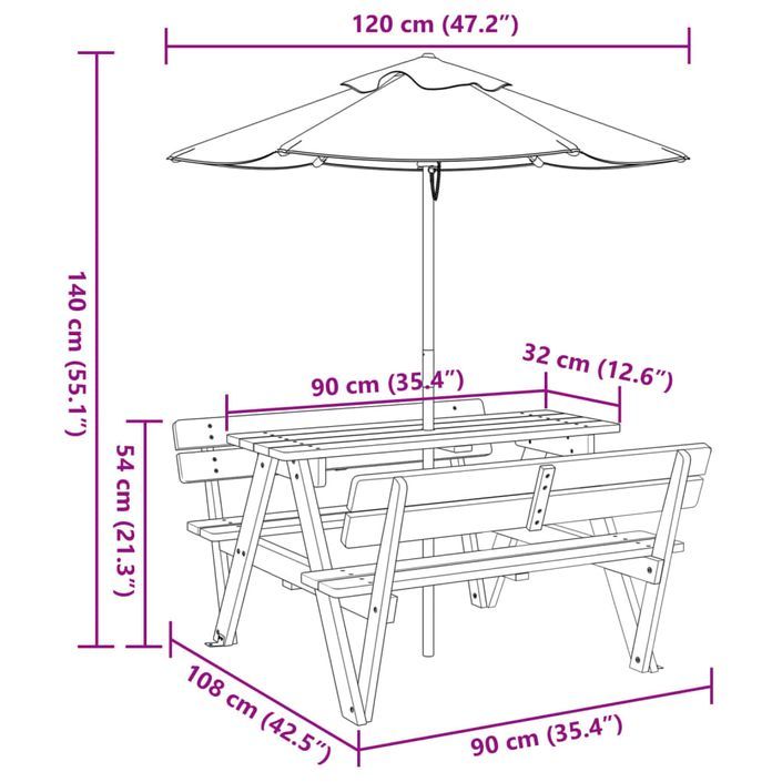 Table de pique-nique pour 4 enfants avec parasol bois de sapin - Photo n°11