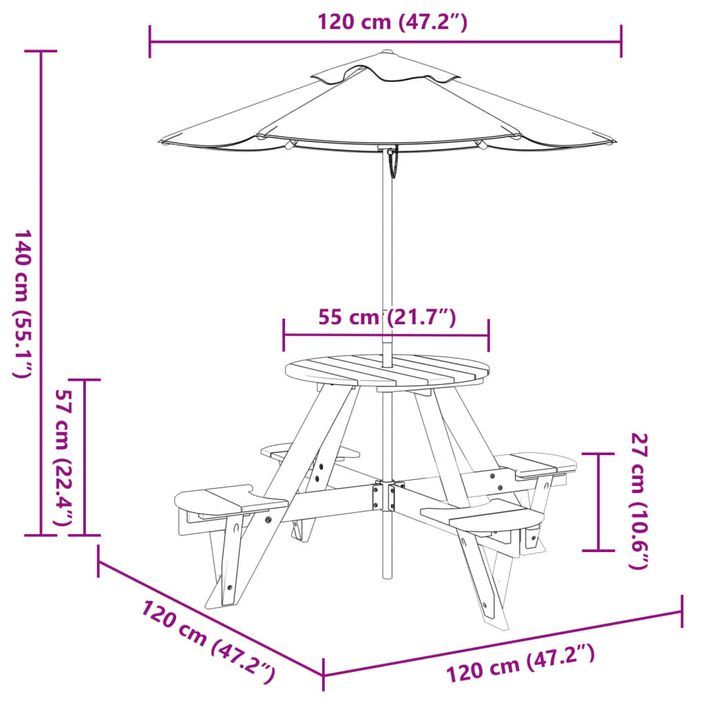 Table de pique-nique pour 4 enfants avec parasol rond sapin - Photo n°11