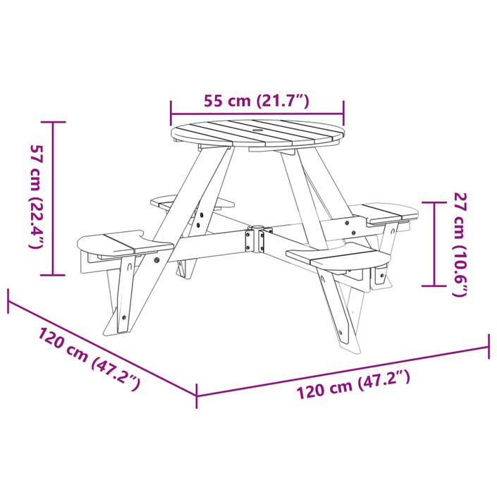 Table de pique-nique pour 4 enfants avec trou de parasol rond - Photo n°8