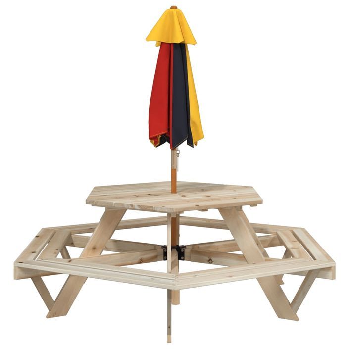 Table de pique-nique pour 6 enfants avec parasol hexagone sapin - Photo n°6