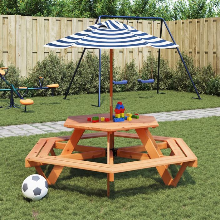 Table de pique-nique pour 6 enfants avec parasol hexagone sapin - Photo n°1