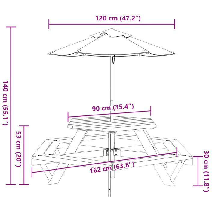 Table de pique-nique pour 6 enfants avec parasol hexagone sapin - Photo n°11