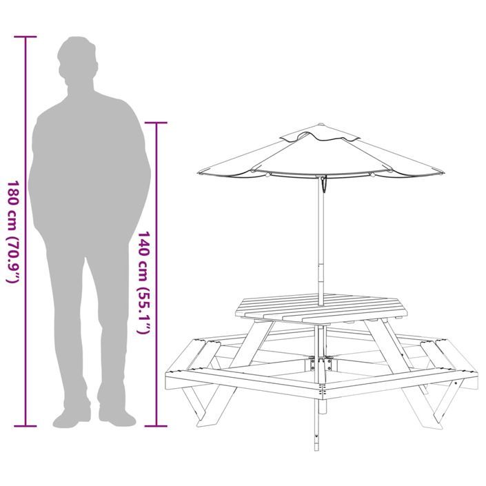 Table de pique-nique pour 6 enfants avec parasol hexagone sapin - Photo n°12