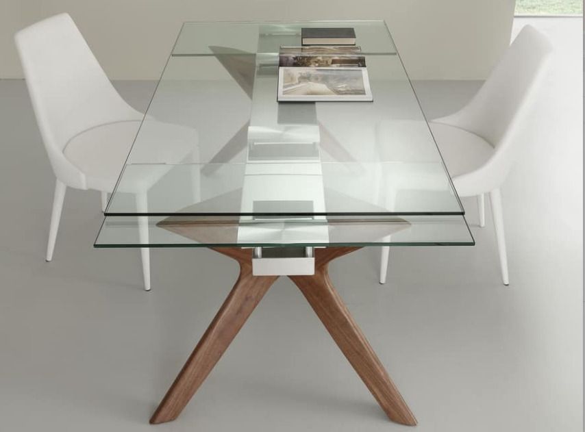 Table de repas extensible 160/240 cm plateau en verre et piétement bois massif noyer Ladyane - Photo n°2
