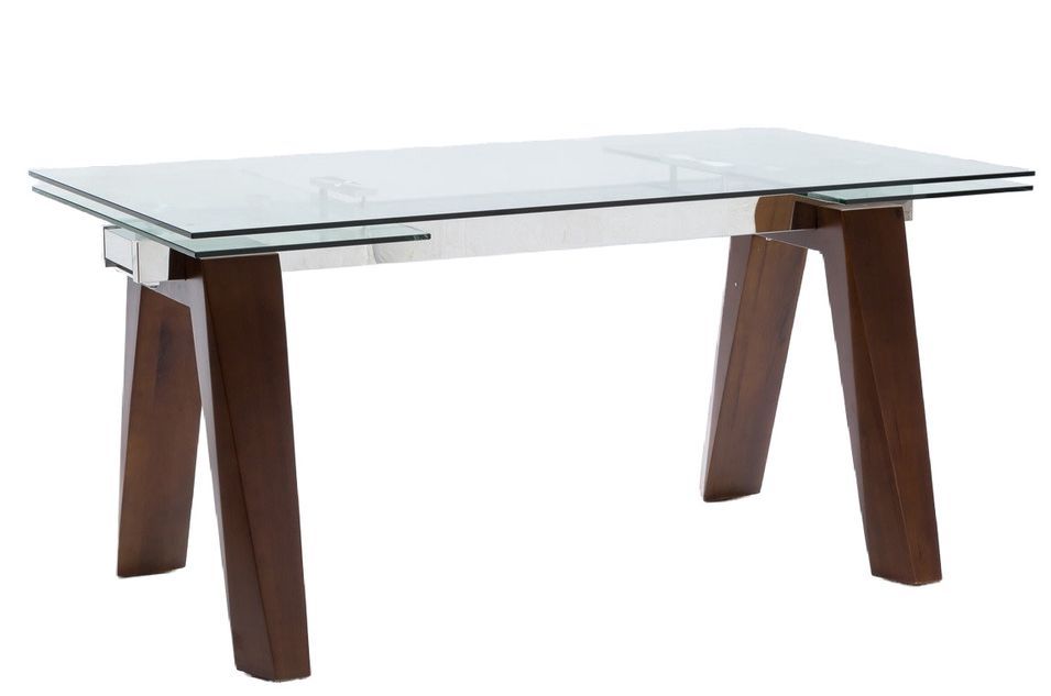 Table de repas extensible Karone 160/240 cm - Plateau en verre et piétement bois massif de noyer - Photo n°1