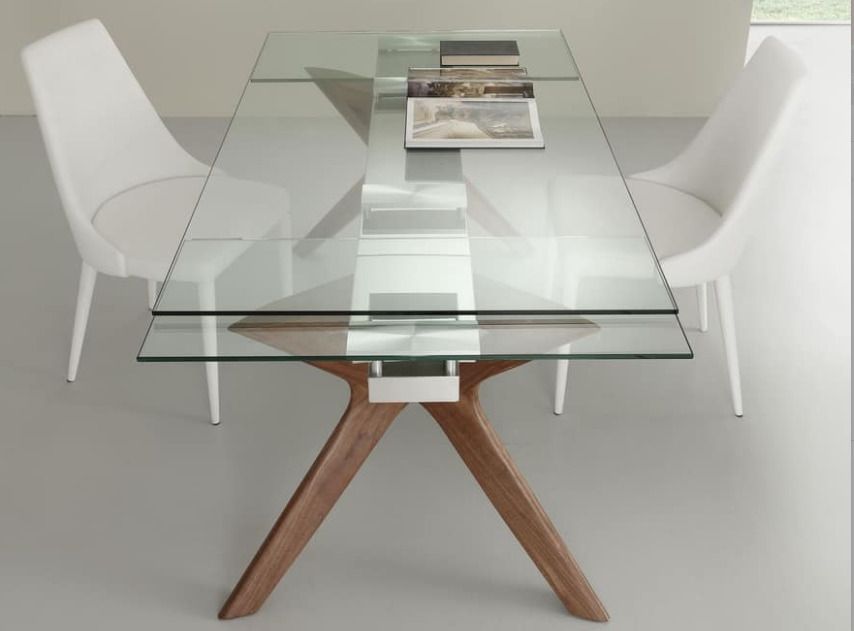 Table de repas extensible Ladyane 160/240 cm - Plateau en verre et piétement bois massif noyer - Photo n°3