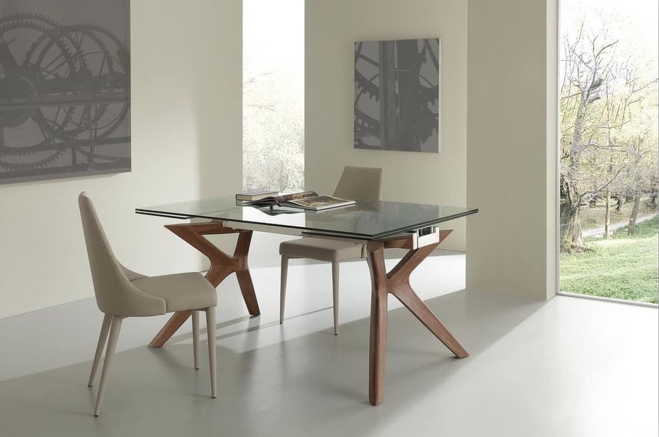 Table de repas extensible Ladyane 160/240 cm - Plateau en verre et piétement bois massif noyer - Photo n°5