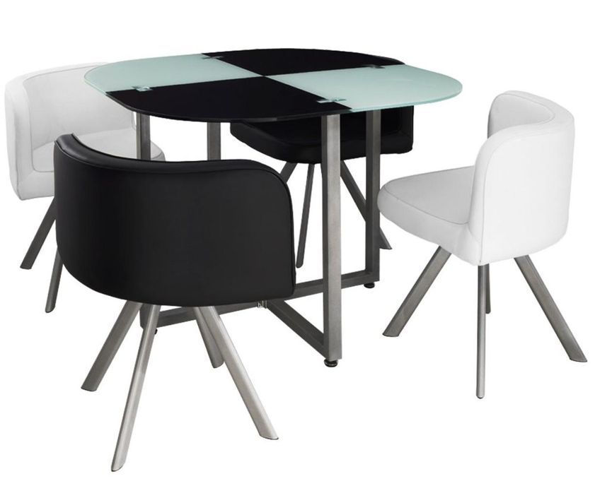 Table et 4 chaises noir et blanc pieds métal chromé Mozza - Photo n°2