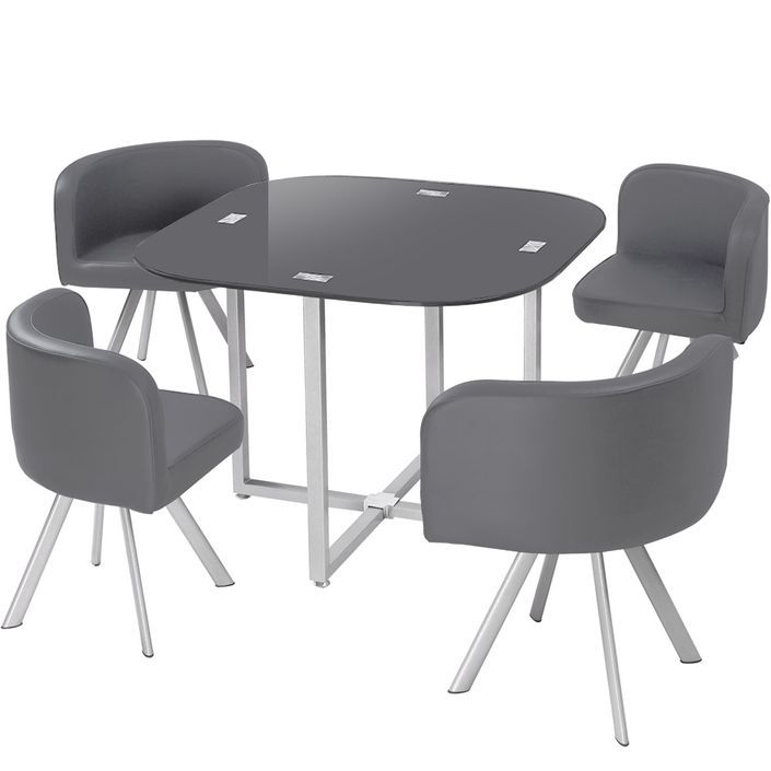 Table et 4 chaises verre gris et pieds métal chromé Mozza - Photo n°2