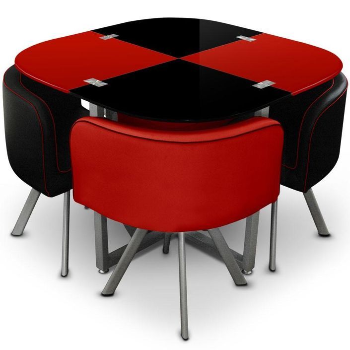 Table et 4 chaises verre rouge et noir pieds métal chromé Mozza - Photo n°1