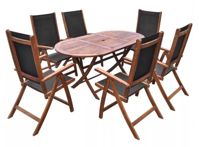 Table et 6 chaises de jardin acacia foncé et tissu noir Noiro - Photo n°1