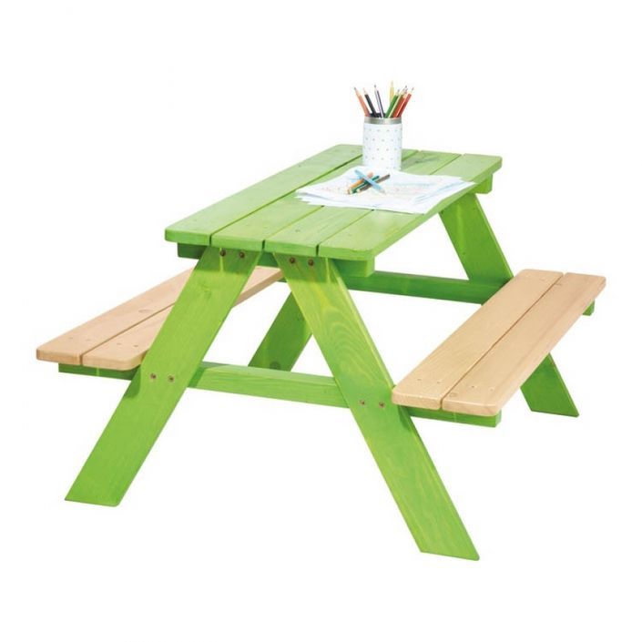 Table et bancs enfant épicéa massif clair et vert Nicki - Photo n°1