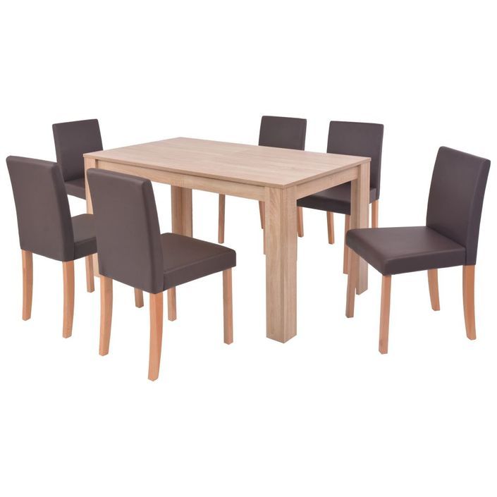 Table et chaises 7 pcs Cuir synthétique Chêne Marron - Photo n°2