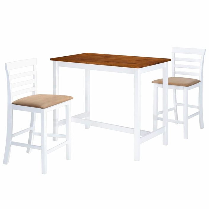 Table et chaises de bar 3 pcs Bois massif Marron et blanc - Photo n°1