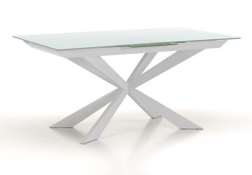 Table extensible 6 à 10 personnes L 160 à 200 cm verre laqué blanc et pieds métal blanc Okebi - Photo n°1