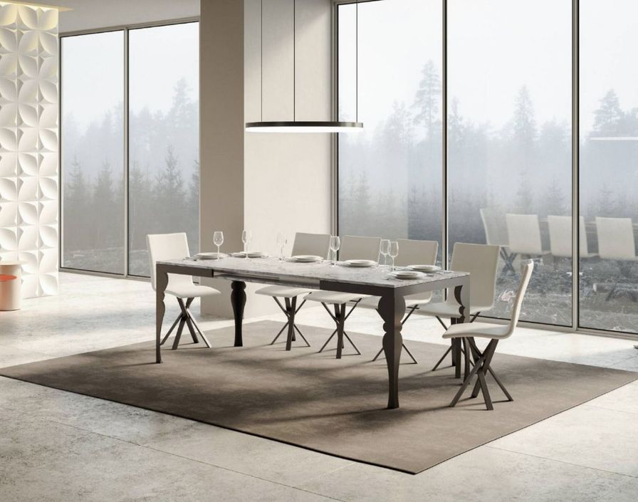 Table extensible 6 à 10 places L 120 à 224 cm blanc effet marbre et pieds gris foncé Patone - Photo n°3