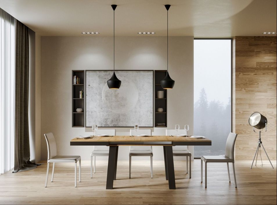 Table extensible 6 à 10 places L 120 à 224 cm bois clair et cadre métal anthracite Bidy - Photo n°3