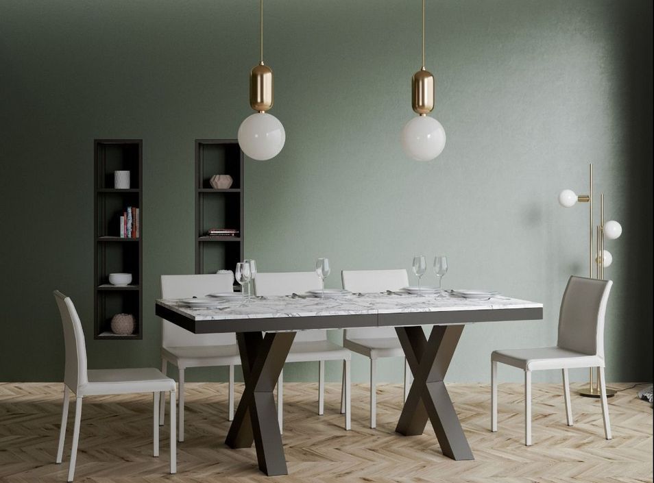 Table extensible 6 à 10 places L 120 à 224 cm effet marbre blanc et cadre métal gris foncé Tsara - Photo n°2
