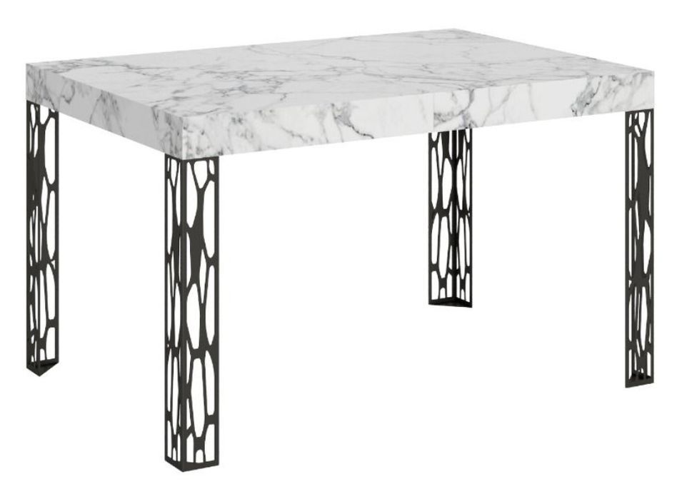 Table extensible 6 à 10 places L 130 à 234 cm effet marbre blanc et pieds métal gris foncé Gisa - Photo n°1