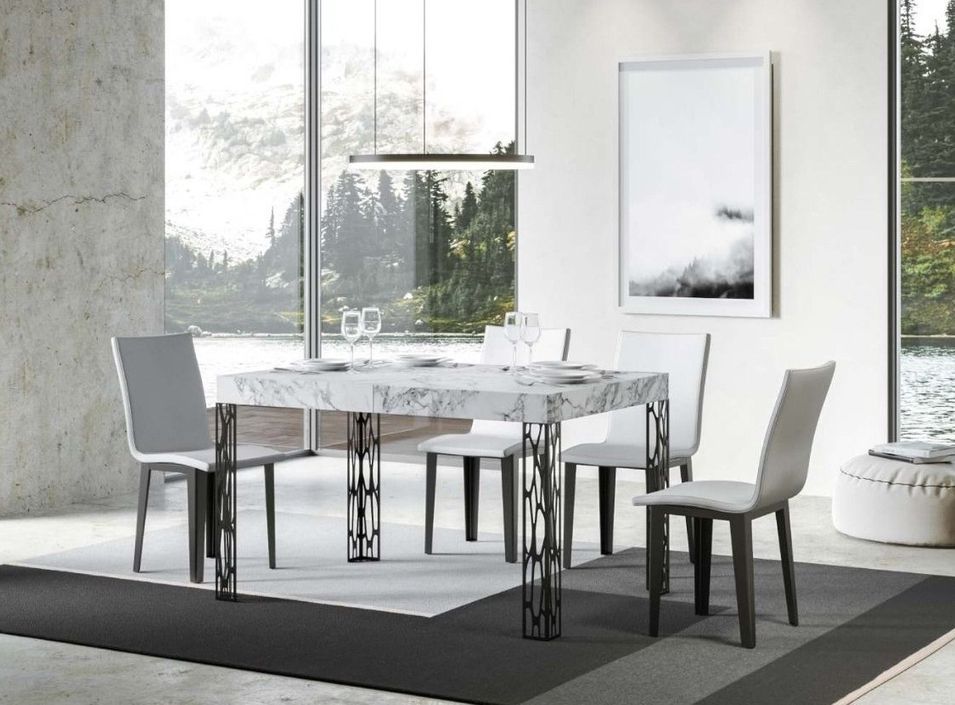 Table extensible 6 à 10 places L 130 à 234 cm effet marbre blanc et pieds métal gris foncé Gisa - Photo n°2
