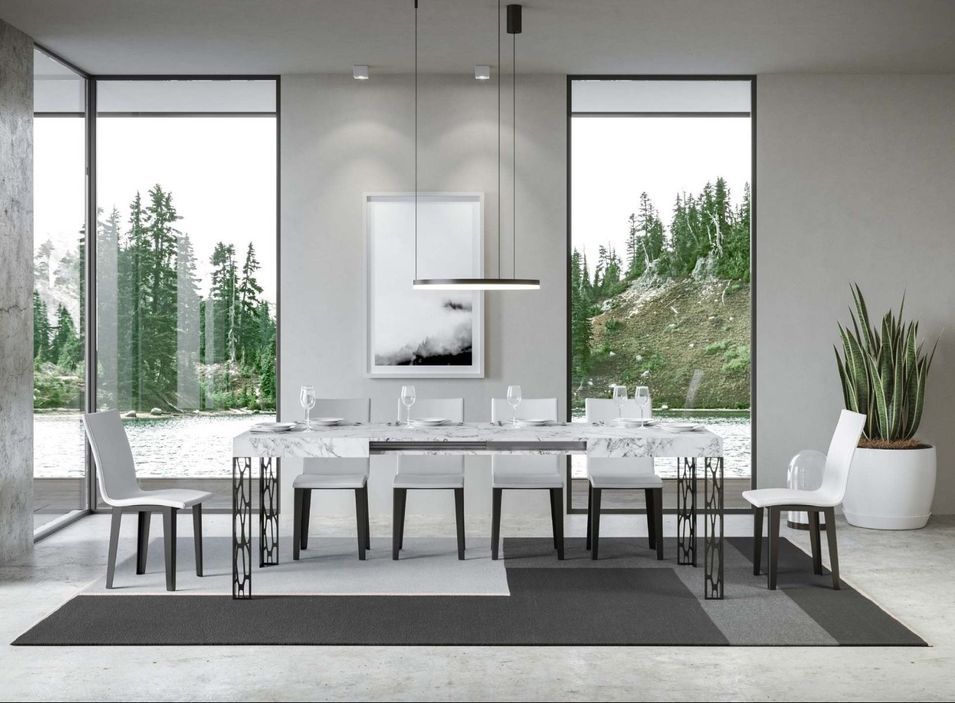 Table extensible 6 à 10 places L 130 à 234 cm effet marbre blanc et pieds métal gris foncé Gisa - Photo n°3