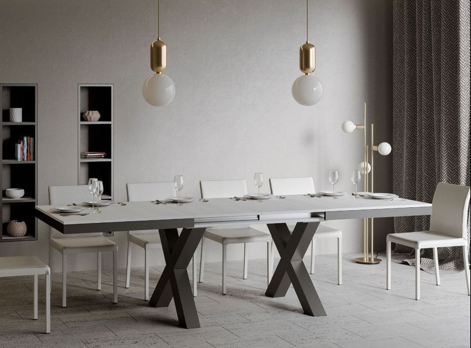 Table extensible 6 à 12 places L 160 à 264 cm blanc et cadre métal gris foncé Tsara - Photo n°2