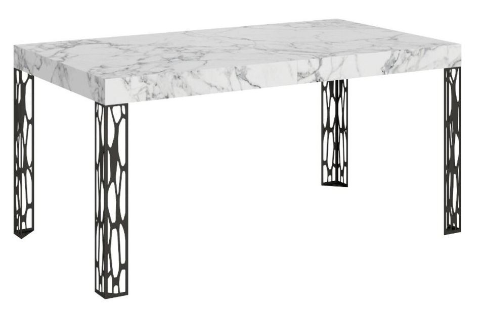 Table extensible 6 à 12 places L 160 à 264 cm effet marbre blanc et pieds métal gris foncé Gisa - Photo n°1