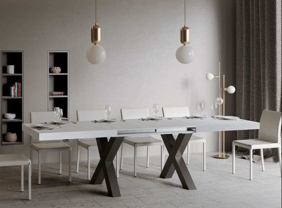Table extensible 6 à 14 places L 180 à 284 cm blanc et pieds métal gris foncé Fario - Photo n°2
