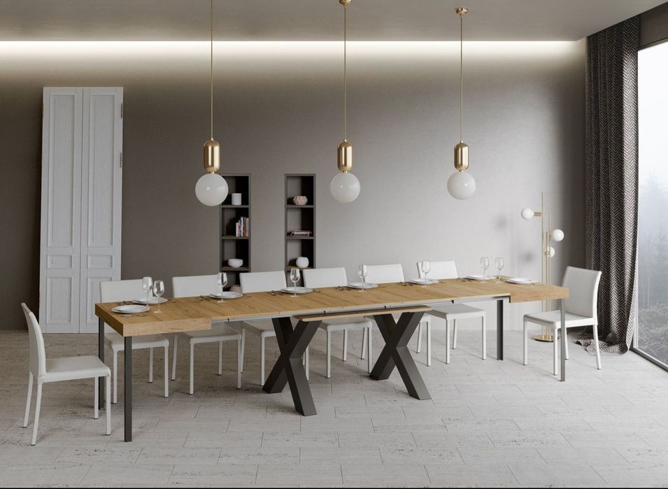 Table extensible 6 à 18 places L 130 à 390 cm bois clair et pieds métal gris foncé Fario - Photo n°2