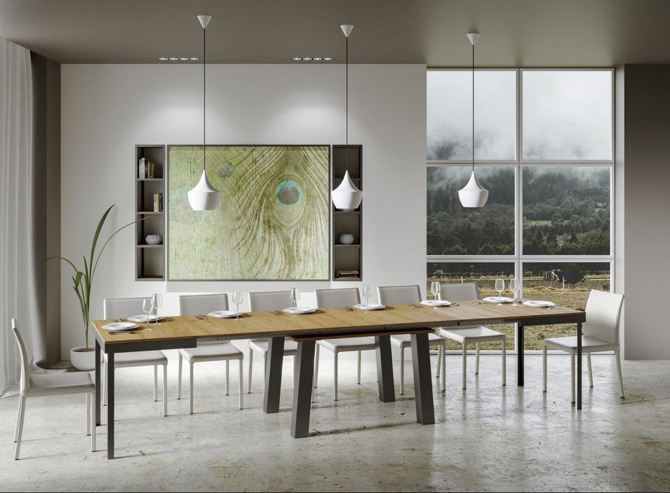 Table extensible 6 à 20 places L 160 à 420 cm bois clair et cadre métal anthracite Bidy - Photo n°3