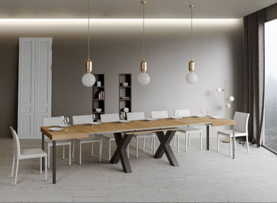 Table extensible 6 à 20 places L 160 à 420 cm bois clair et pieds métal gris foncé Fario - Photo n°3