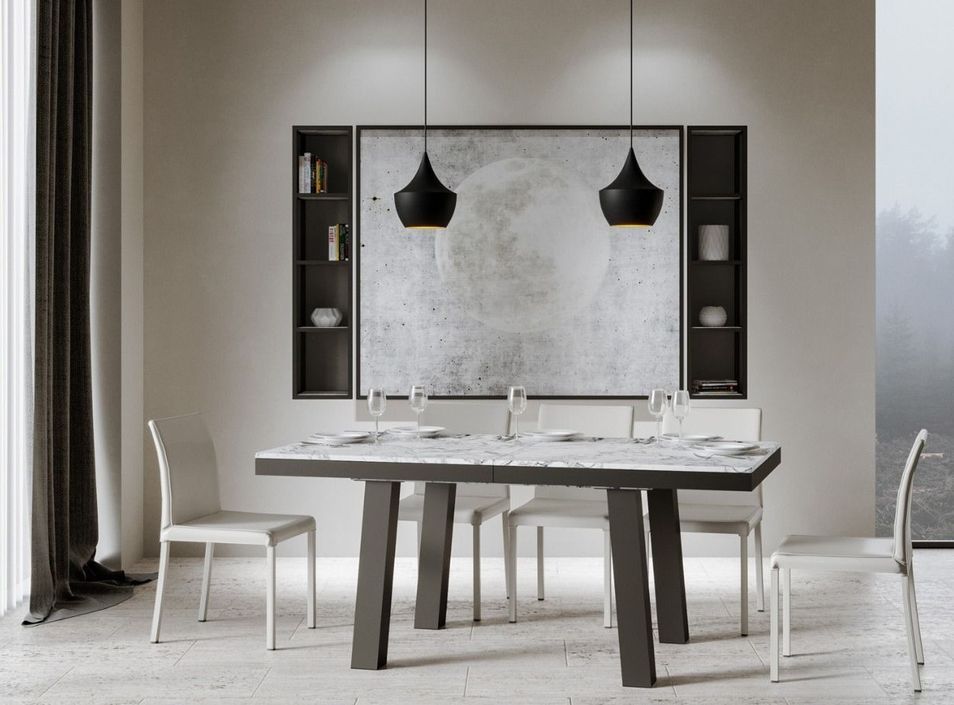 Table extensible 6 à 20 places L 160 à 420 cm effet marbre blanc et cadre métal anthracite Bidy - Photo n°2