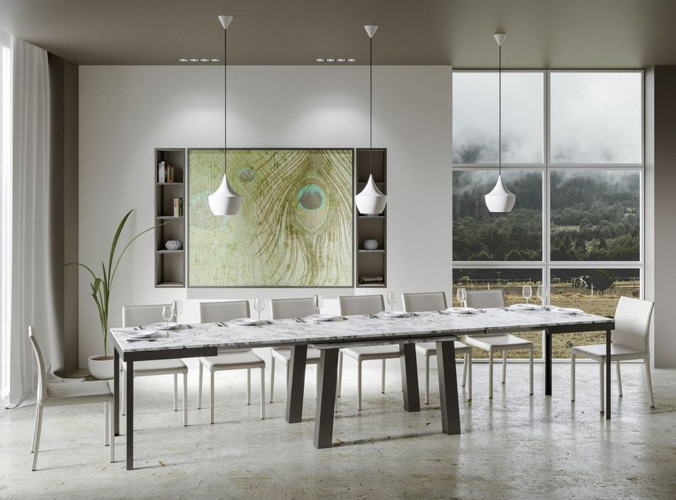 Table extensible 6 à 20 places L 160 à 420 cm effet marbre blanc et cadre métal anthracite Bidy - Photo n°3
