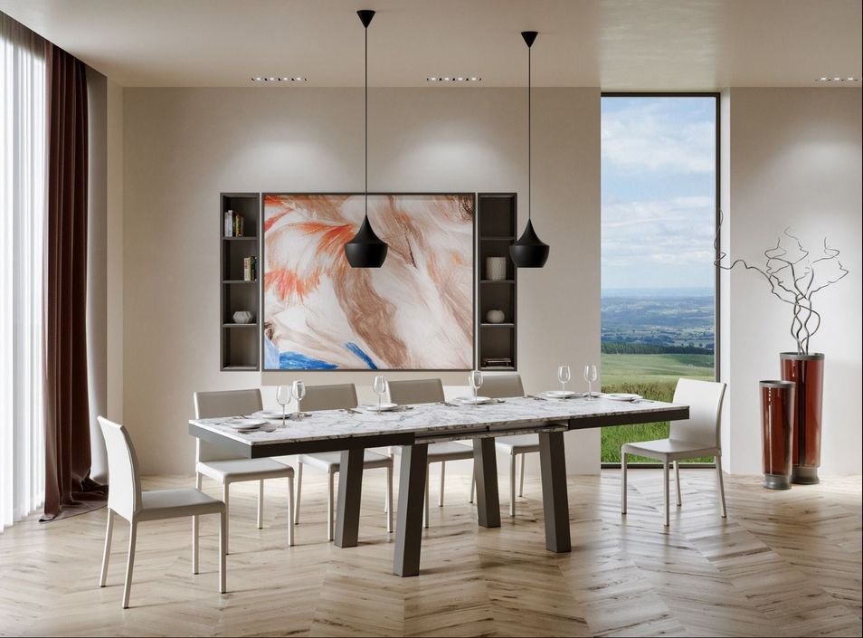 Table extensible 6 à 20 places L 160 à 420 cm effet marbre blanc et cadre métal anthracite Bidy - Photo n°4