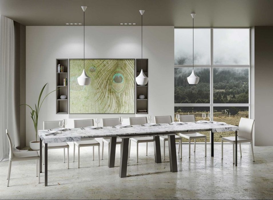 Table extensible 6 à 20 places L 160 à 420 cm effet marbre blanc et pieds métal anthracite Bidy - Photo n°3