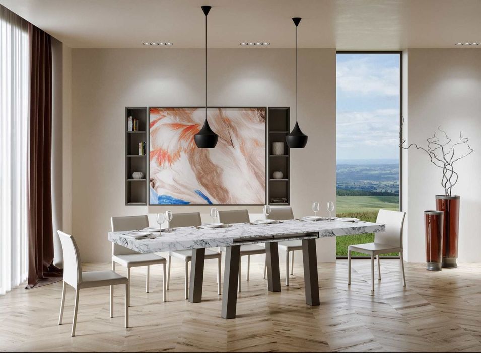 Table extensible 6 à 20 places L 160 à 420 cm effet marbre blanc et pieds métal anthracite Bidy - Photo n°4
