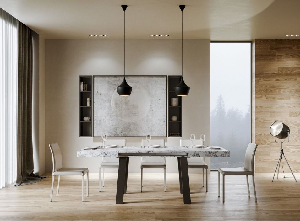 Table extensible 6 à 20 places L 160 à 420 cm effet marbre blanc et pieds métal anthracite Bidy - Photo n°5