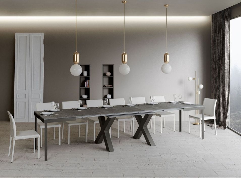 Table extensible 6 à 20 places L 160 à 420 cm gris béton et cadre métal gris foncé Tsara - Photo n°2