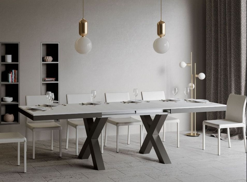 Table extensible 8 à 12 places L 180 à 284 cm blanc et cadre métal gris foncé Tsara - Photo n°3