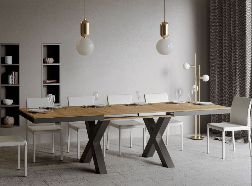 Table extensible 8 à 12 places L 180 à 284 cm bois clair et cadre métal gris foncé Tsara - Photo n°2