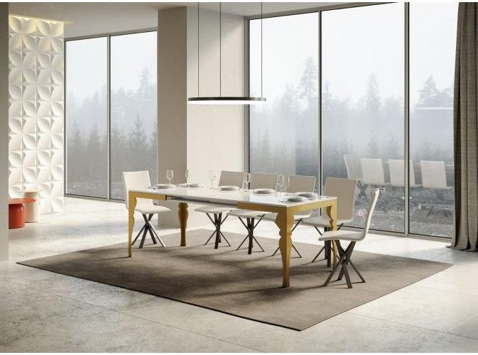 Table extensible 8 à 14 personnes blanc brillant et pieds métal doré L 180 à 284 cm Torza - Photo n°2