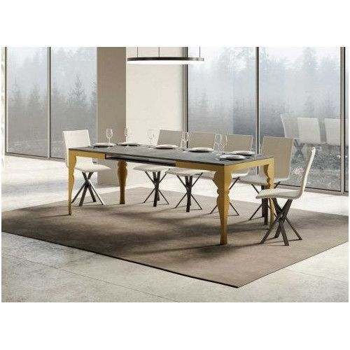 Table extensible 8 à 14 personnes gris béton et pieds métal doré L 180 à 284 cm Torza - Photo n°1