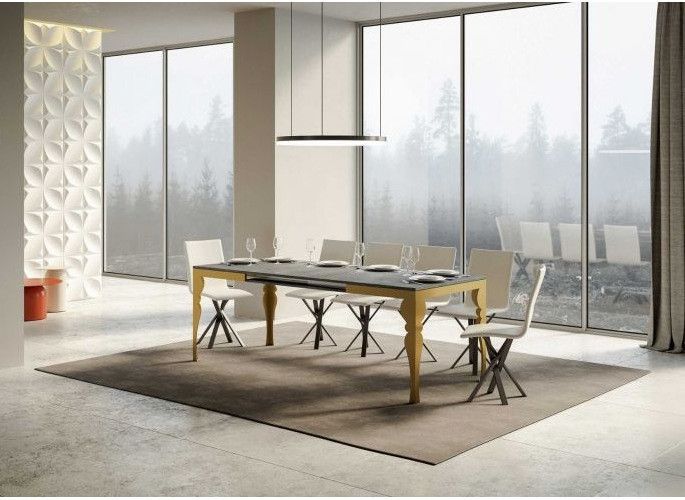 Table extensible 8 à 14 personnes gris béton et pieds métal doré L 180 à 284 cm Torza - Photo n°2