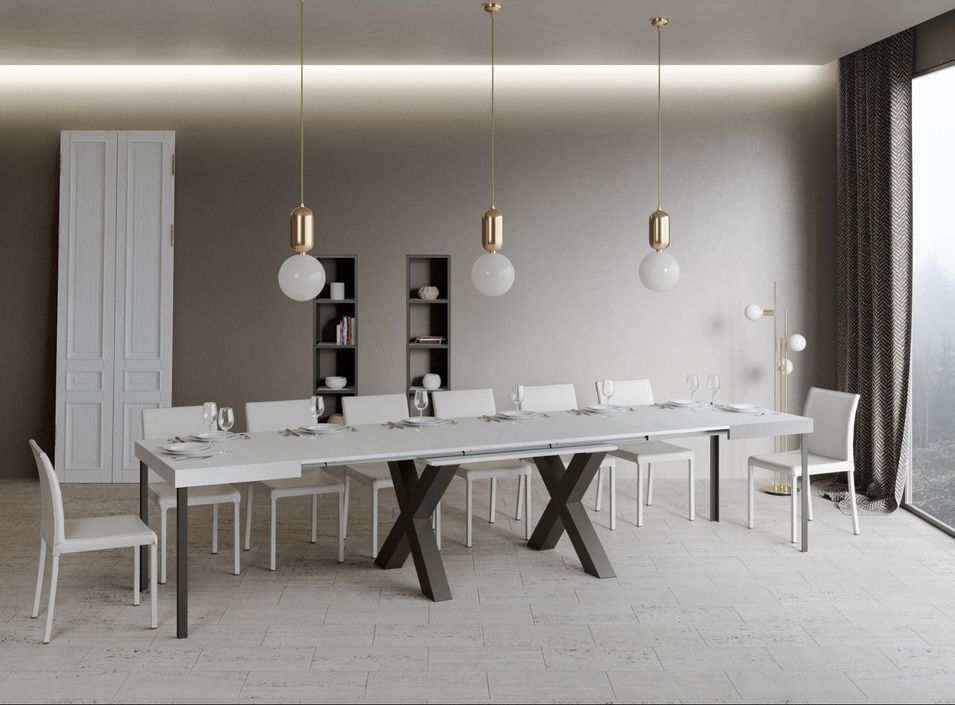 Table extensible 8 à 20 places L 180 à 440 cm bois blanc et pieds métal gris foncé Fario - Photo n°2