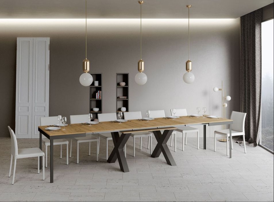 Table extensible 8 à 20 places L 180 à 440 cm bois clair et cadre métal gris foncé Tsara - Photo n°2