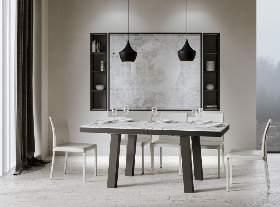 Table extensible 8 à 20 places L 180 à 440 cm effet marbre blanc et cadre métal anthracite Bidy - Photo n°2