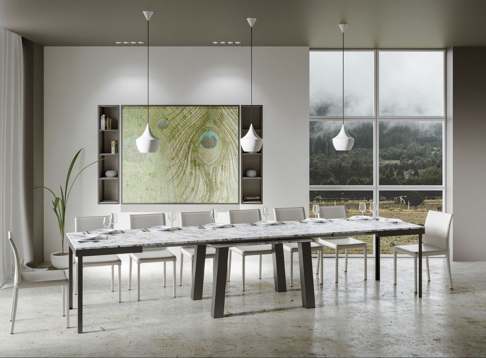 Table extensible 8 à 20 places L 180 à 440 cm effet marbre blanc et cadre métal anthracite Bidy - Photo n°3