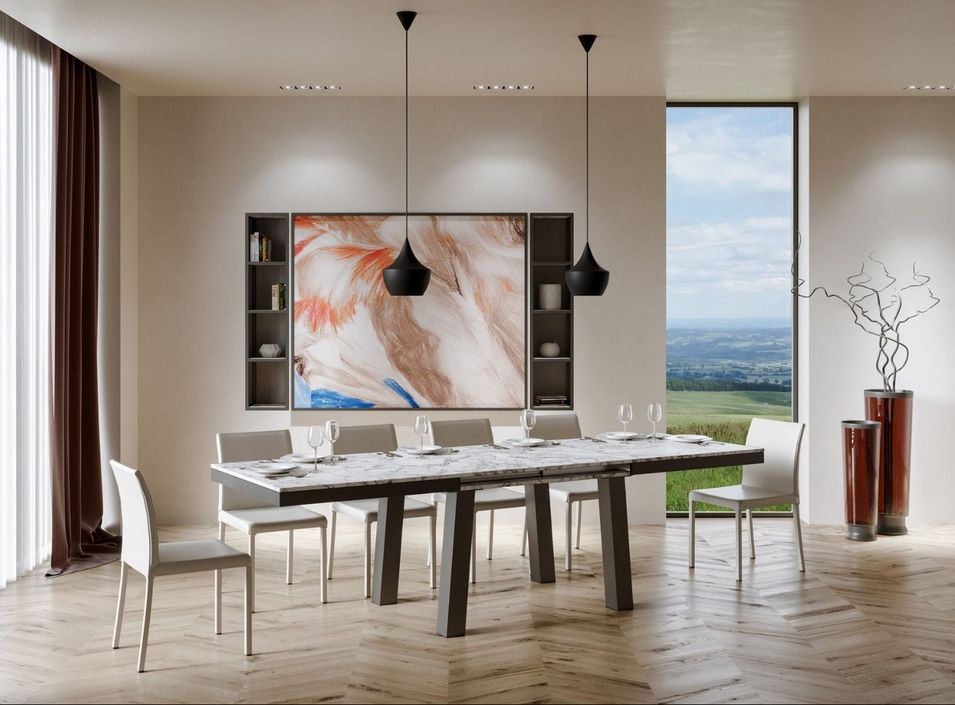 Table extensible 8 à 20 places L 180 à 440 cm effet marbre blanc et cadre métal anthracite Bidy - Photo n°4