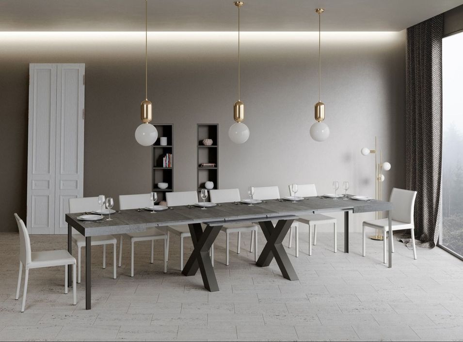 Table extensible 8 à 20 places L 180 à 440 cm gris béton et pieds métal gris foncé Fario - Photo n°2