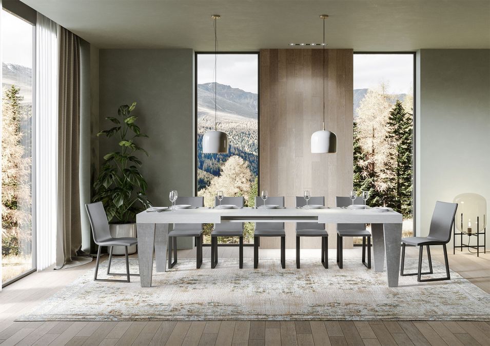 Table extensible blanche et pieds bois gris béton 6 à 20 places Kristo 180 à 440 cm - Photo n°3